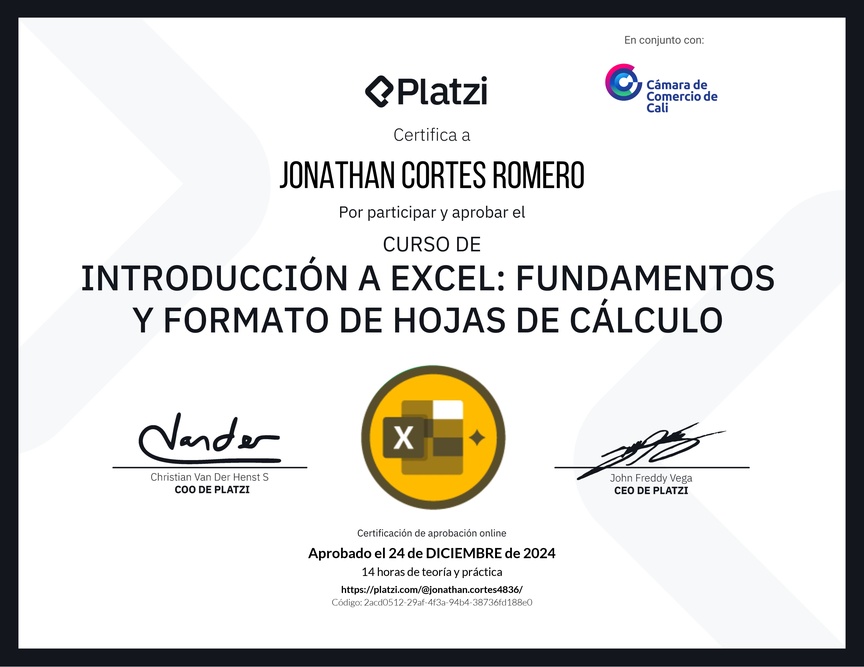 Diploma del Curso de Introducción a Excel para Principiantes: Fundamentos y Formato de Hojas de Cálculo