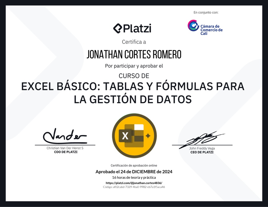 Diploma del Curso de Excel Básico: Tablas y Fórmulas para la Gestión de Datos