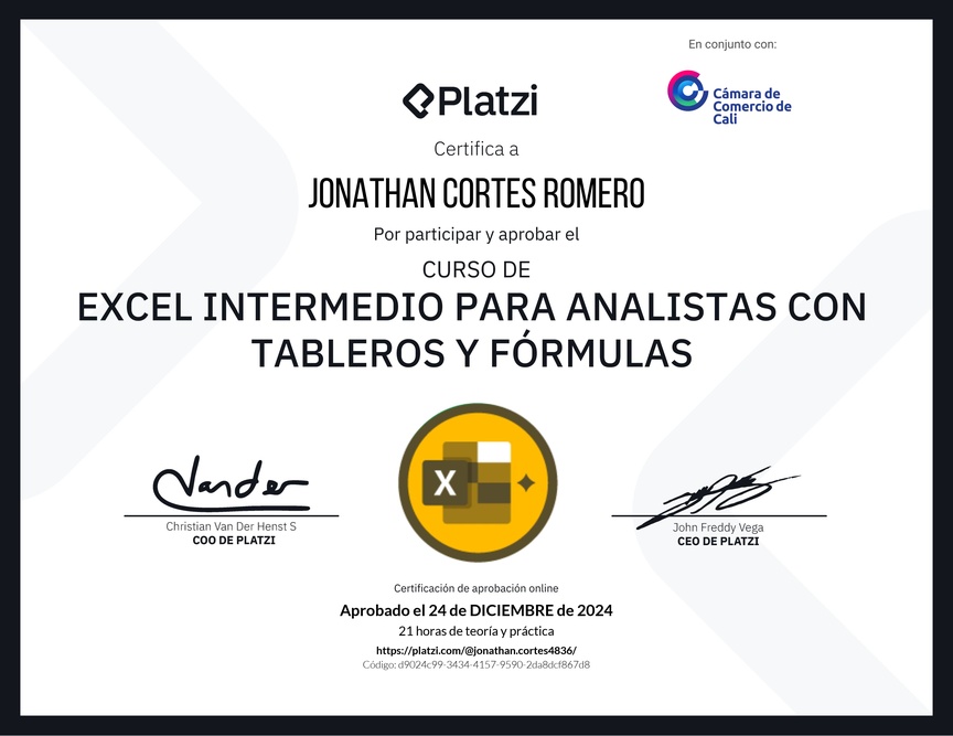 Diploma del Curso de Excel Intermedio para Analistas con Tableros y Fórmulas