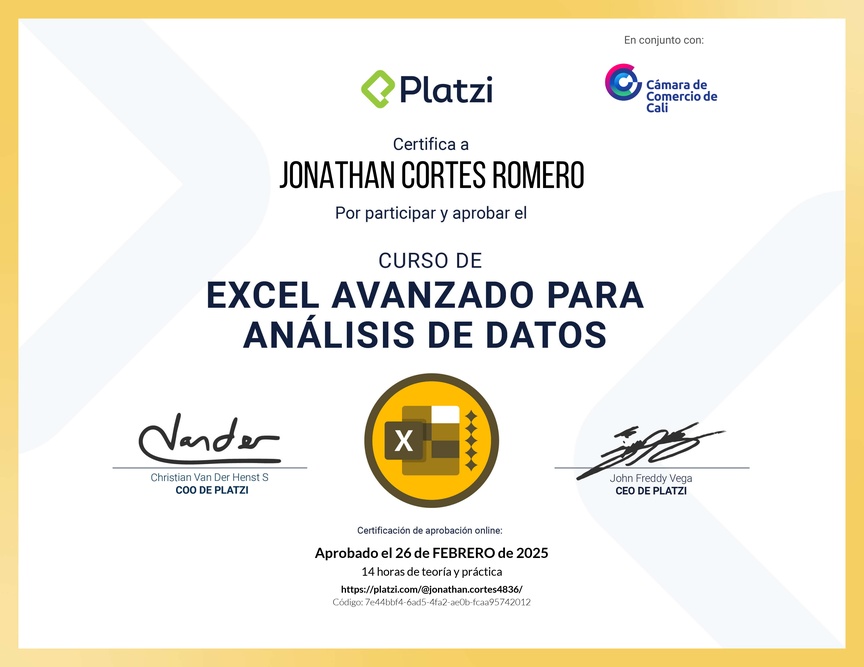 Diploma del Curso de Excel Avanzado para Análisis de Datos