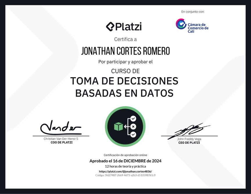 Diploma del Curso de Toma de Decisiones Basadas en Datos