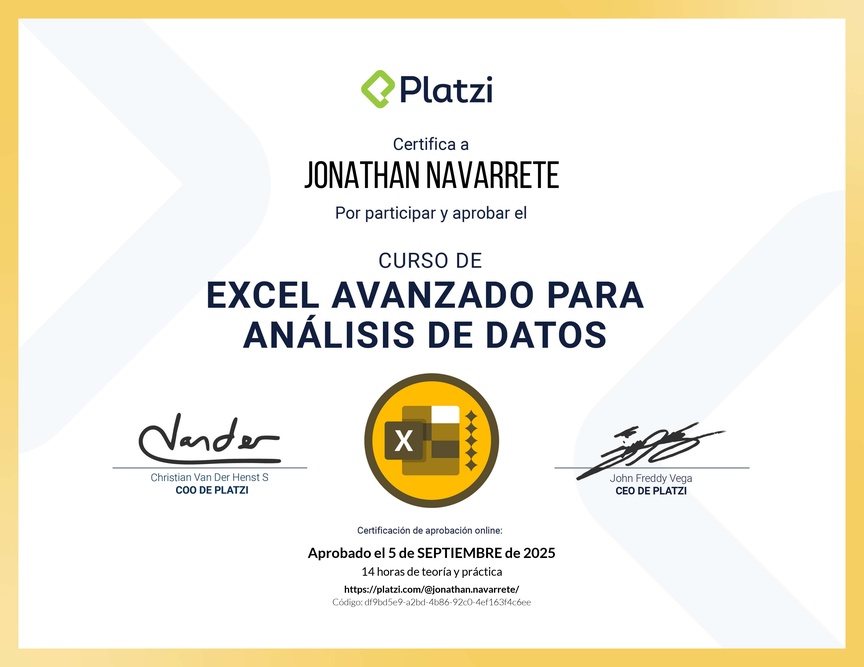 Diploma del Curso de Excel Avanzado para Análisis de Datos
