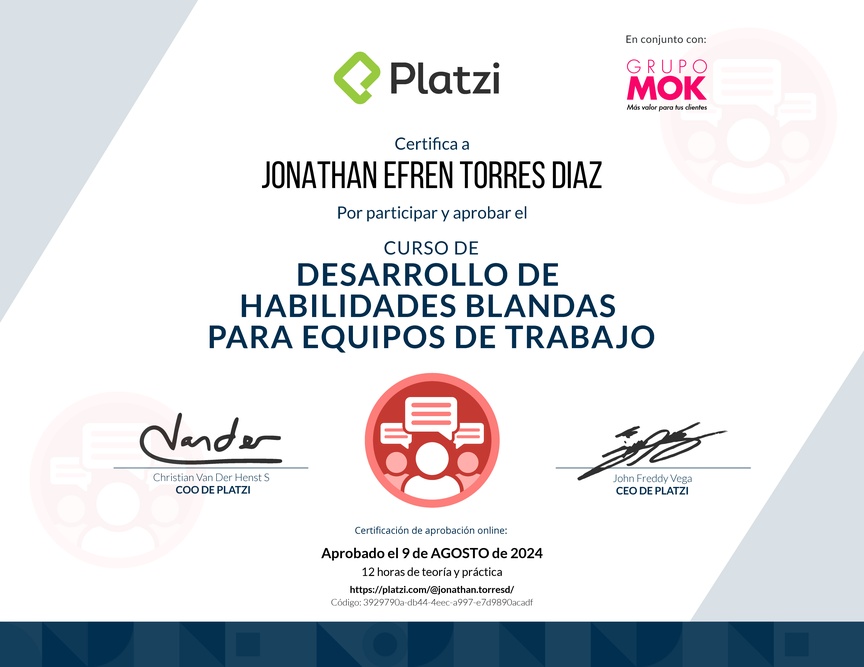 Diploma del Curso de Desarrollo de Habilidades Blandas para Equipos de Trabajo