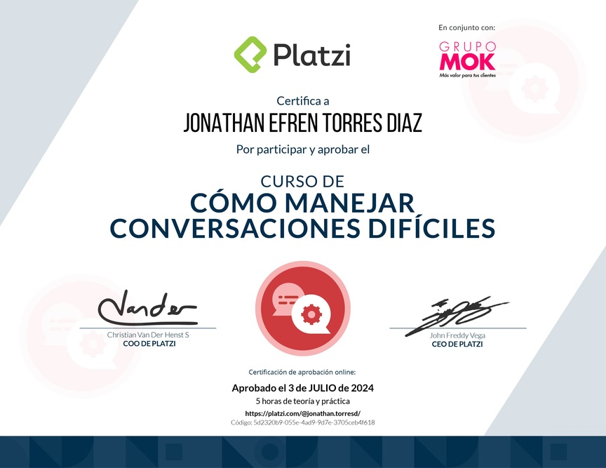 Diploma del Curso de Cómo Manejar Conversaciones Difíciles con Clientes