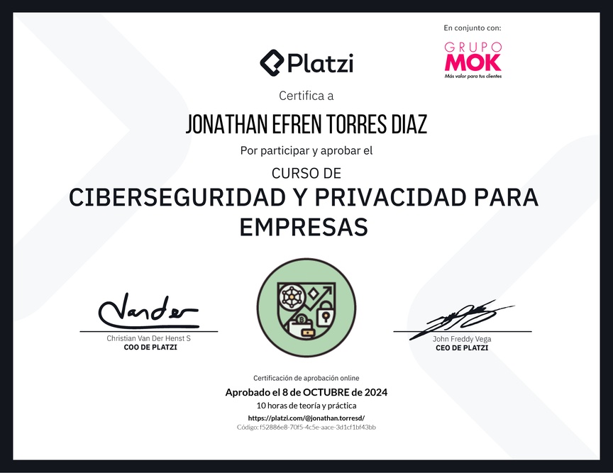 Diploma del Curso de Ciberseguridad y Privacidad Empresarial (2023)
