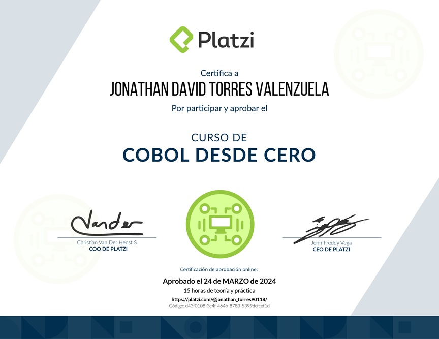 Diploma del Curso de COBOL desde Cero