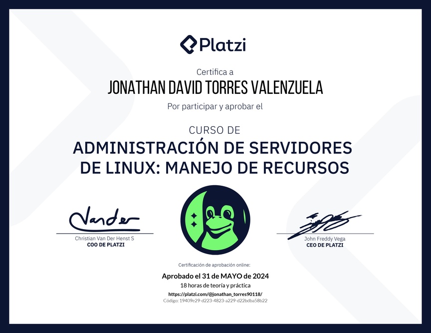 Diploma del Curso de Administración de Servidores Linux: Manejo de Recursos