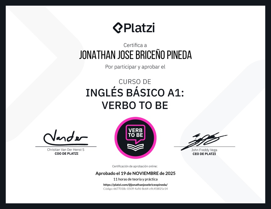 Diploma del Curso de Inglés Básico A1: Verbo To Be