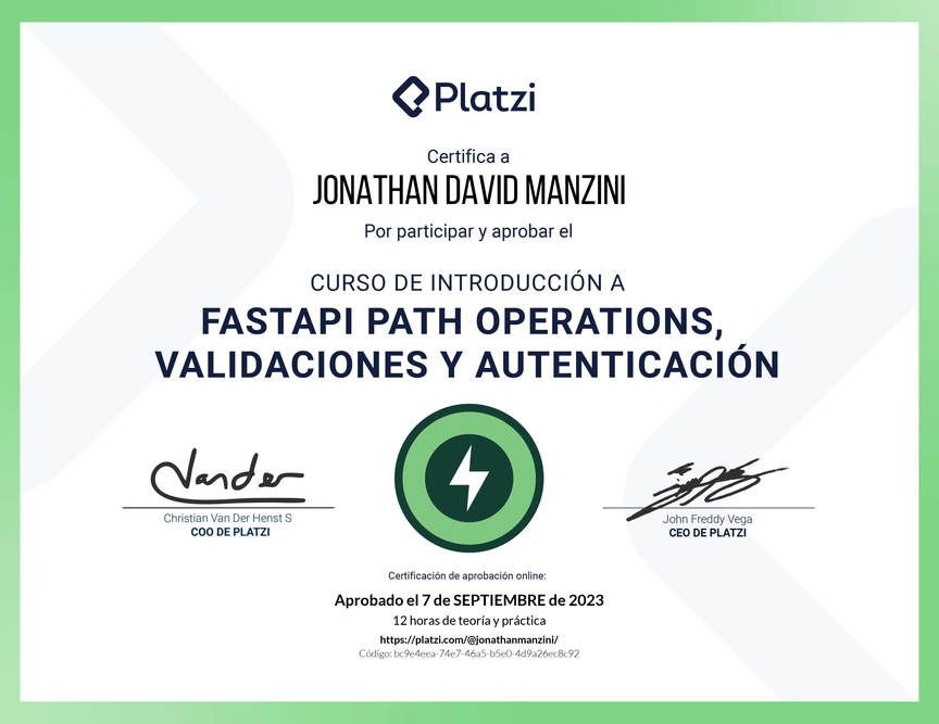 Diploma del Curso de FastAPI: Introducción, Operaciones, Validaciones y Autenticación