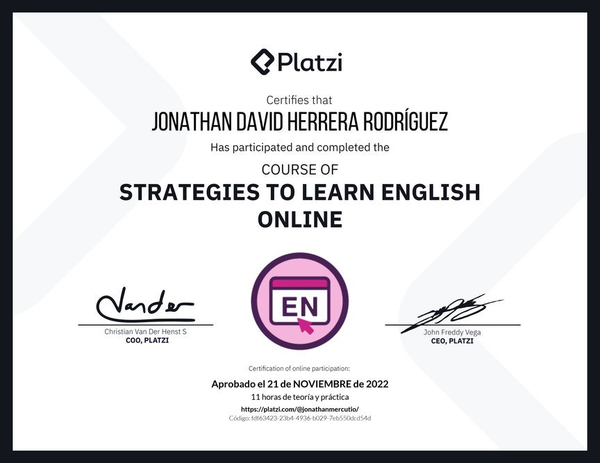 Diploma del Curso Gratis de Estrategias para Aprender Inglés en Línea