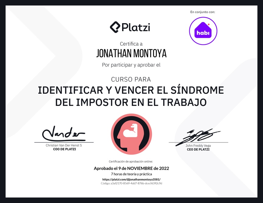 Diploma del Curso para Identificar y Vencer el Síndrome del Impostor