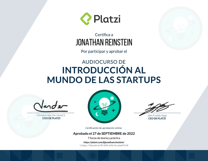 Diploma de Audiocurso de Introducción al Mundo de las Startups