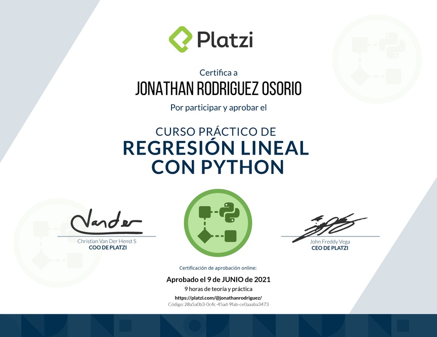 Diploma del Curso Práctico de Regresión Lineal con Python