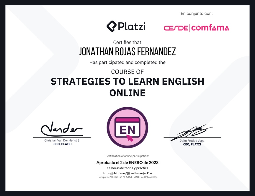 Diploma del Curso Gratis de Estrategias para Aprender Inglés en Línea