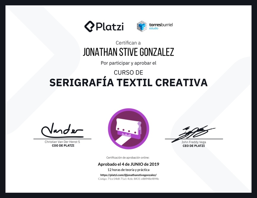 Diploma del Curso de Serigrafía Textil Creativa