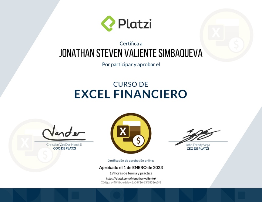 Diploma del Curso de Análisis Financiero en Excel