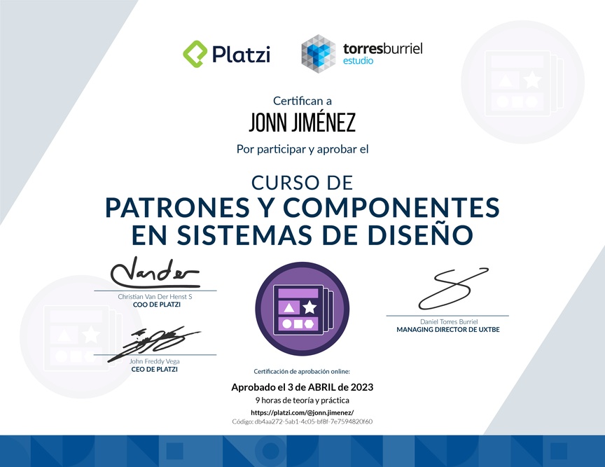 Diploma del Curso de Patrones y Componentes en Sistemas de Diseño