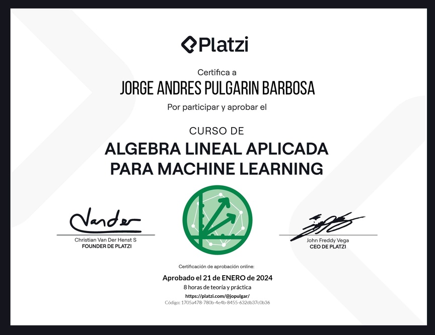 Diploma del Curso de Álgebra Lineal Aplicada para Machine Learning