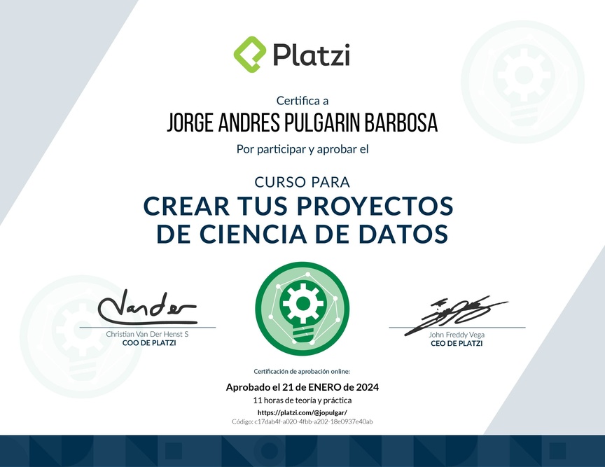 Diploma del Curso para Crear tus Proyectos de Ciencia de Datos
