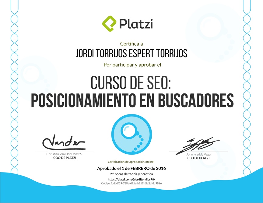 Diploma del Curso de SEO: Posicionamiento en buscadores 2016