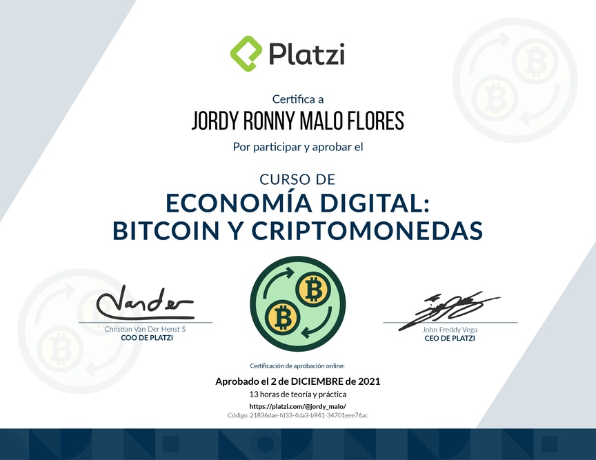 Diploma del Curso de Economía Digital: Bitcoin y Criptomonedas