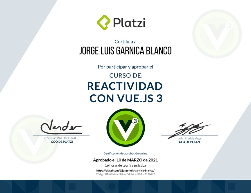 Diploma del Curso de Reactividad con Vue.js 3