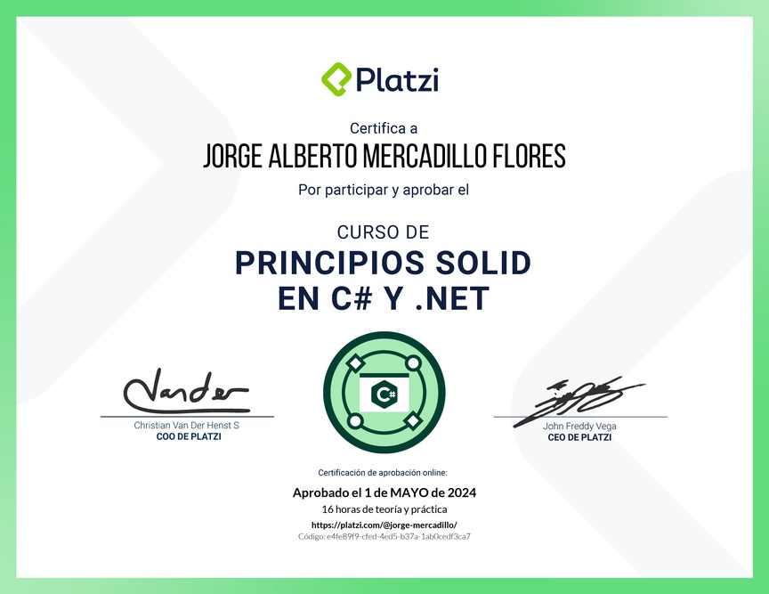Diploma del Curso de Principios SOLID en C# y .NET