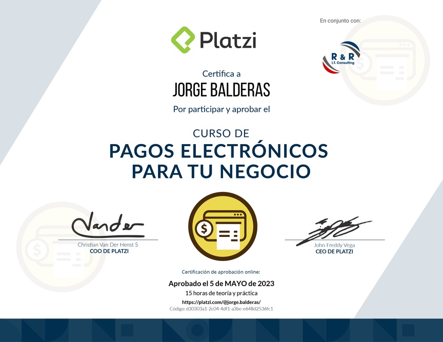 Diploma del Curso de E-Commerce para Implementar Pagos Electrónicos