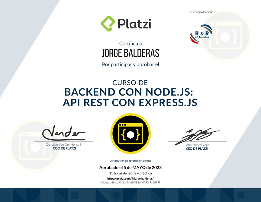 Diploma del Curso de Backend con Node.js: API REST con Express.js
