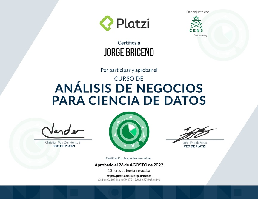 Diploma del Curso de Análisis de Negocios para Ciencia de Datos
