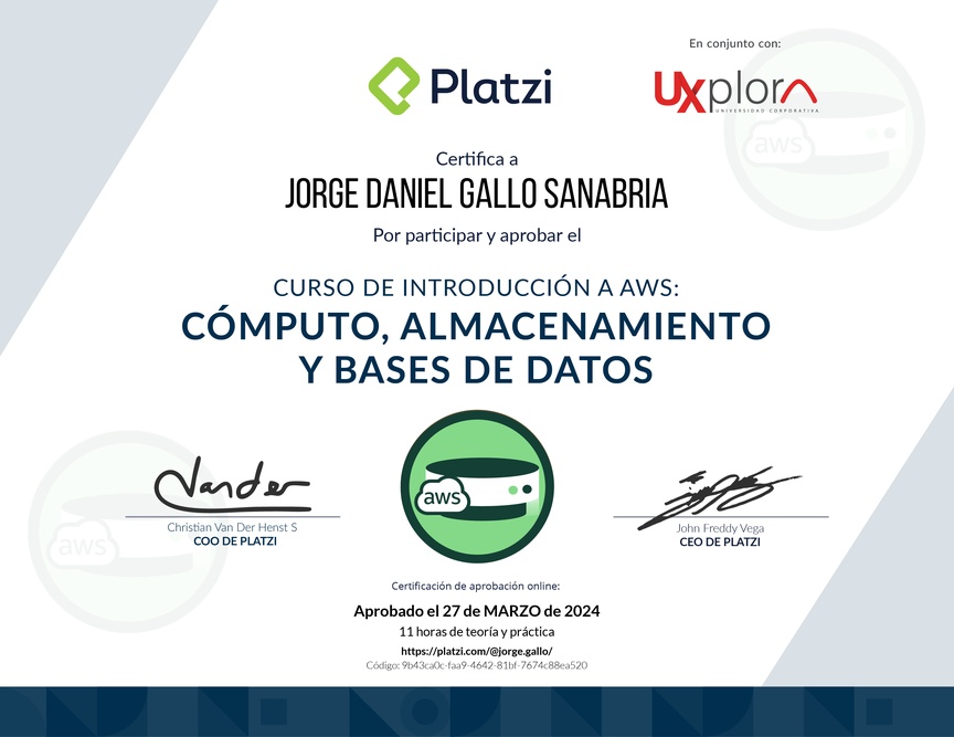 Diploma del Curso de Introducción a AWS: Cómputo, Almacenamiento y Bases de Datos