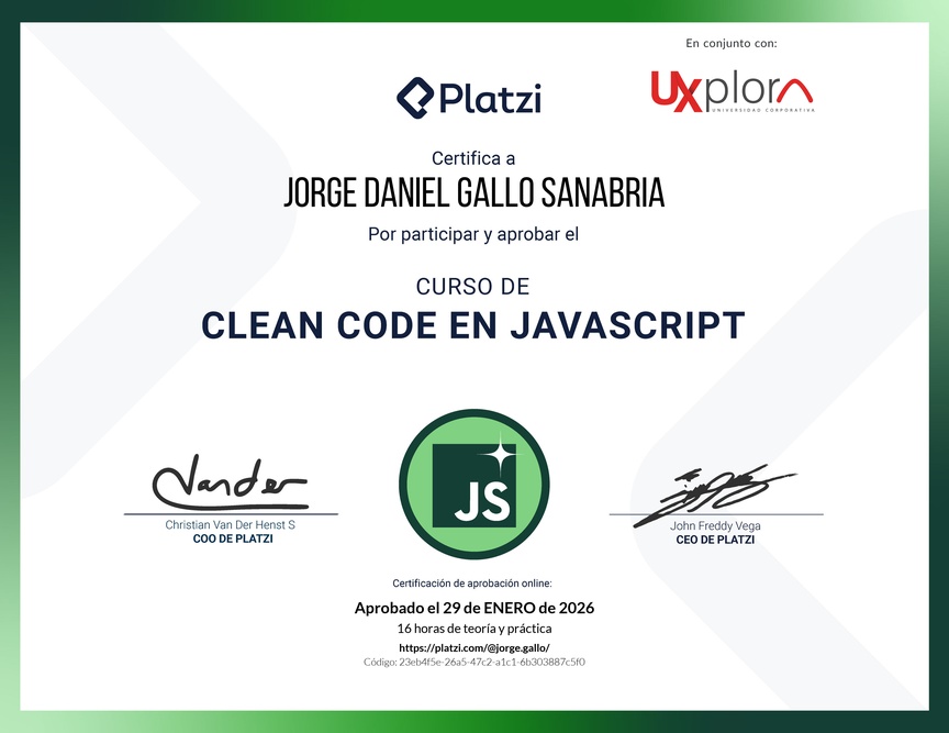 Diploma del Curso de Clean Code y Buenas Prácticas con JavaScript