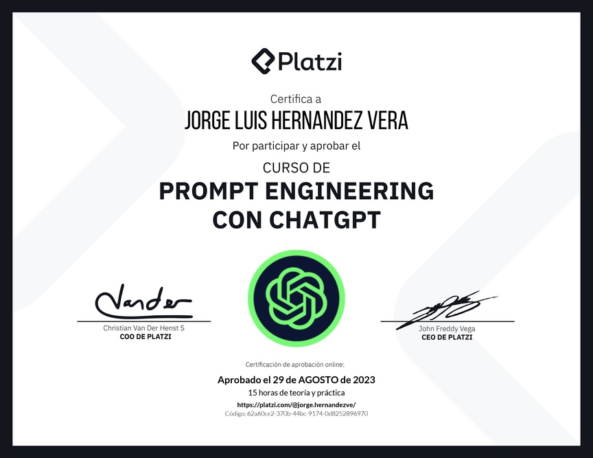 Diploma del Curso de Prompt Engineering con ChatGPT