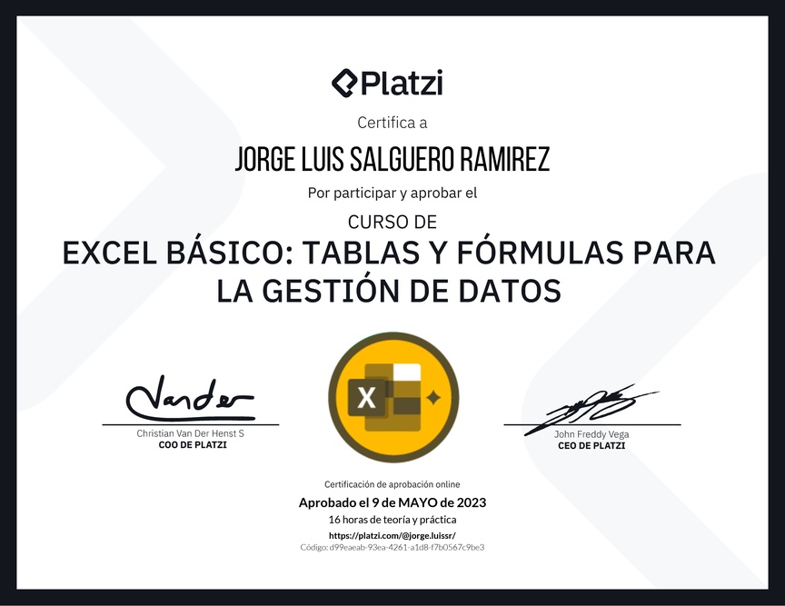 Diploma del Curso de Excel Básico: Tablas y Fórmulas para la Gestión de Datos