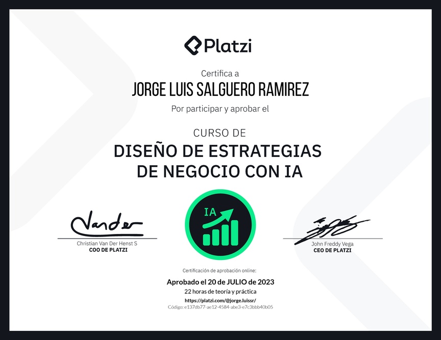 Diploma del Curso de Diseño de Estrategias de Negocio con Inteligencia Artificial: Optimización y Personalización