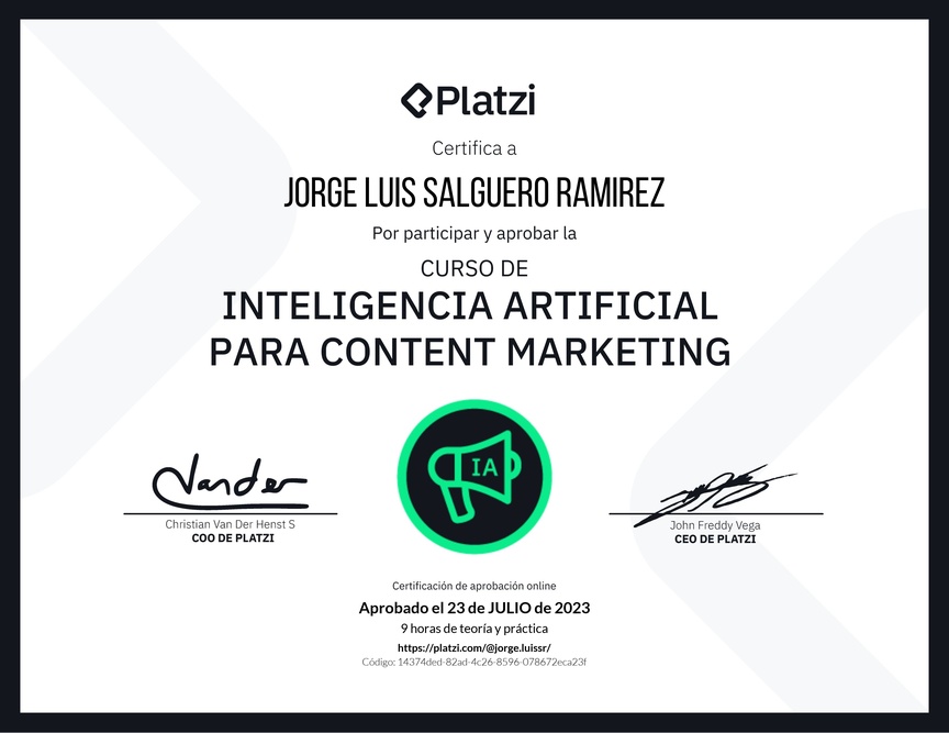Diploma del Curso de Inteligencia Artificial para Content Marketing