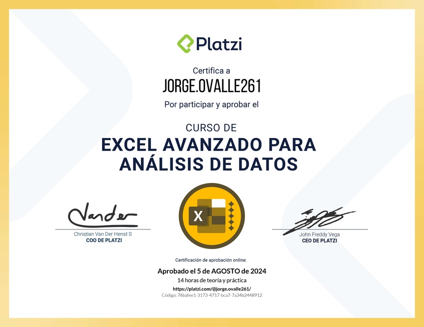 Diploma del Curso de Excel Avanzado para Análisis de Datos