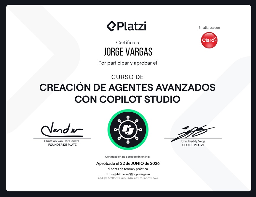 Diploma del Curso de Creación de Agentes Avanzados con Microsoft Copilot Studio