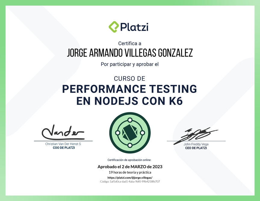 Diploma del Curso de Performance Testing en Node.js con K6