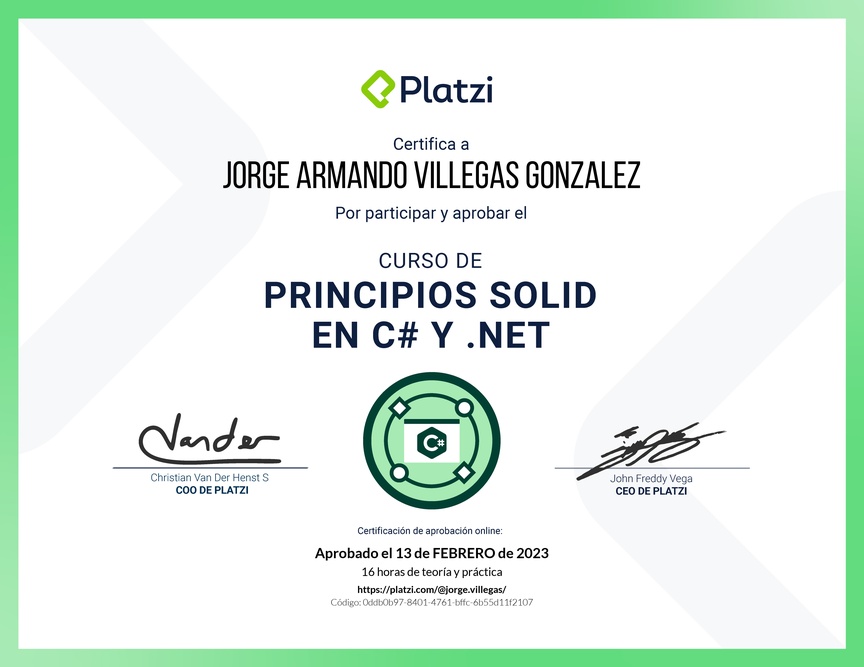 Diploma del Curso de Principios SOLID en C# y .NET