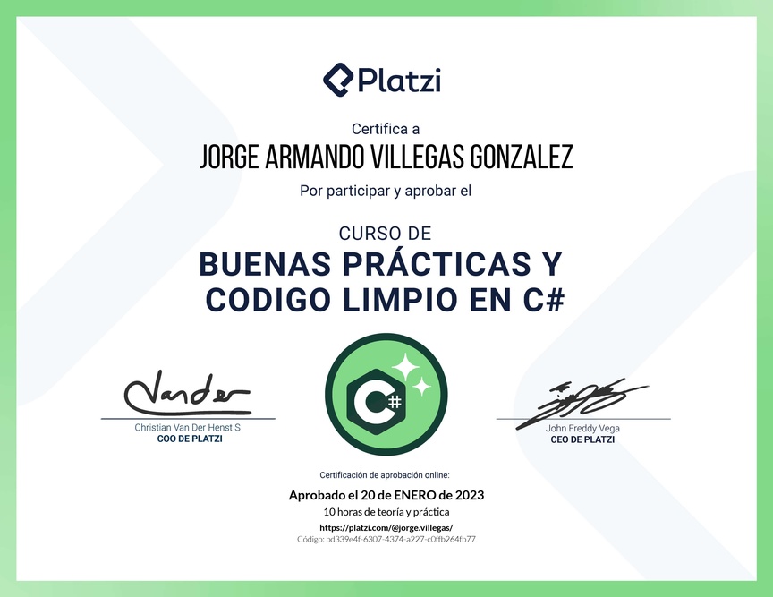 Diploma del Curso de Buenas Prácticas y Código Limpio en C#