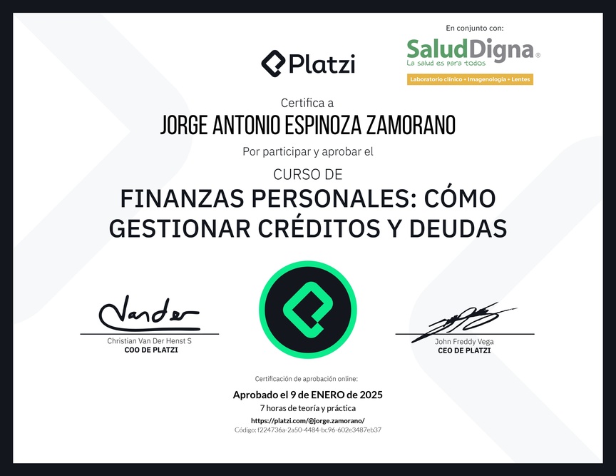 Diploma del Curso de Finanzas Personales: Cómo Gestionar Créditos y Deudas