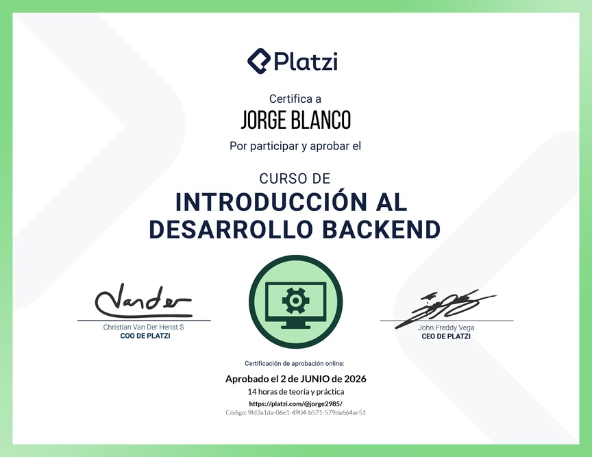 Diploma del Curso de Introducción al Desarrollo Backend