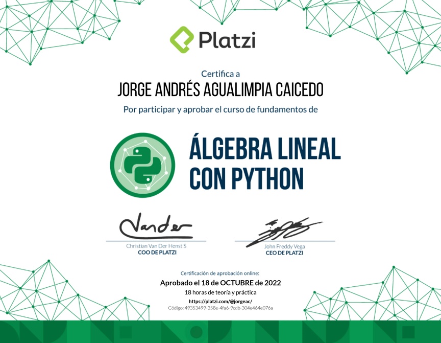 Diploma del Curso de Fundamentos de Álgebra Lineal con Python