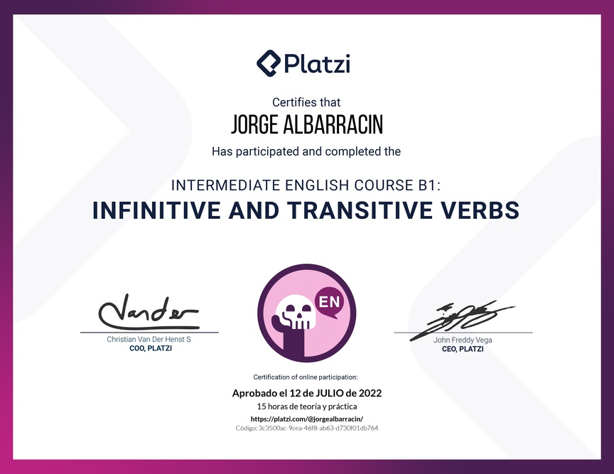 Diploma del Curso de Inglés Intermedio B1: Verbos Infinitivos y Transitivos (2021)