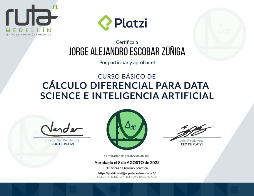 Diploma del Curso Básico de Cálculo Diferencial para Data Science e Inteligencia Artificial