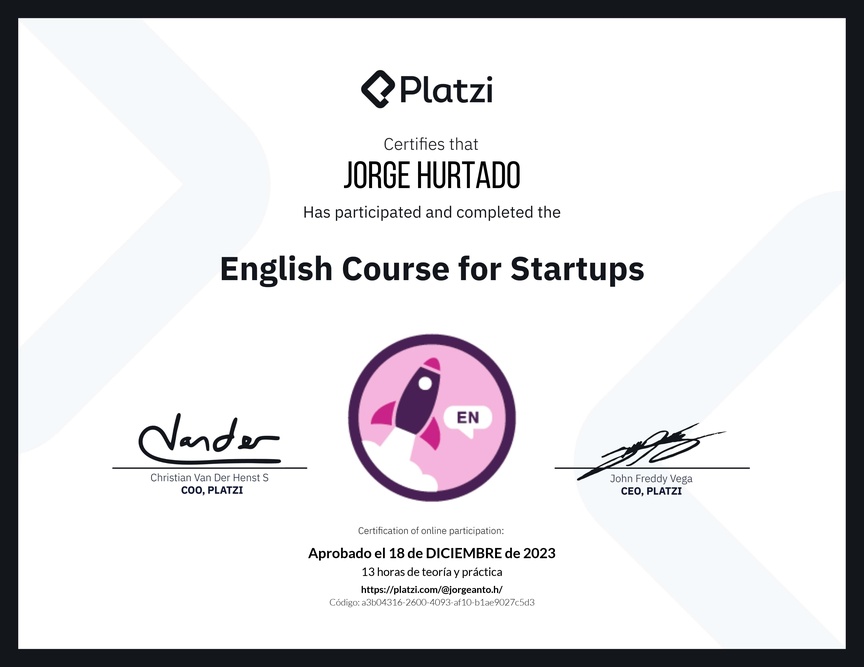 Diploma del Curso para Startups en Inglés (2021)