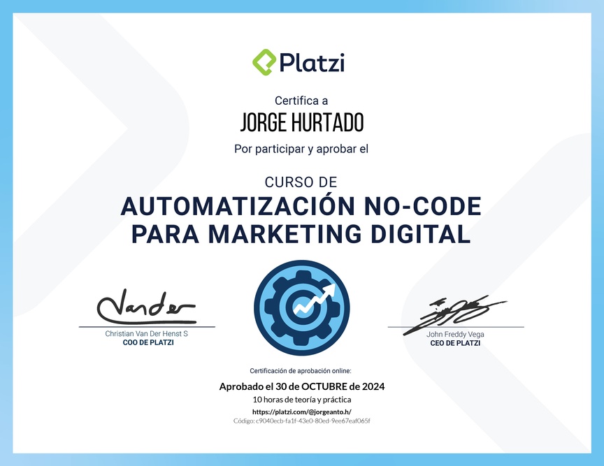 Diploma del Curso para Crear Automatizaciones No-Code para Marketing Digital
