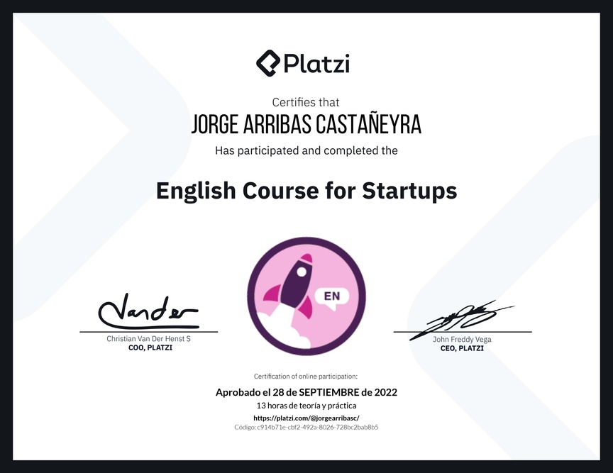 Diploma del Curso para Startups en Inglés (2021)