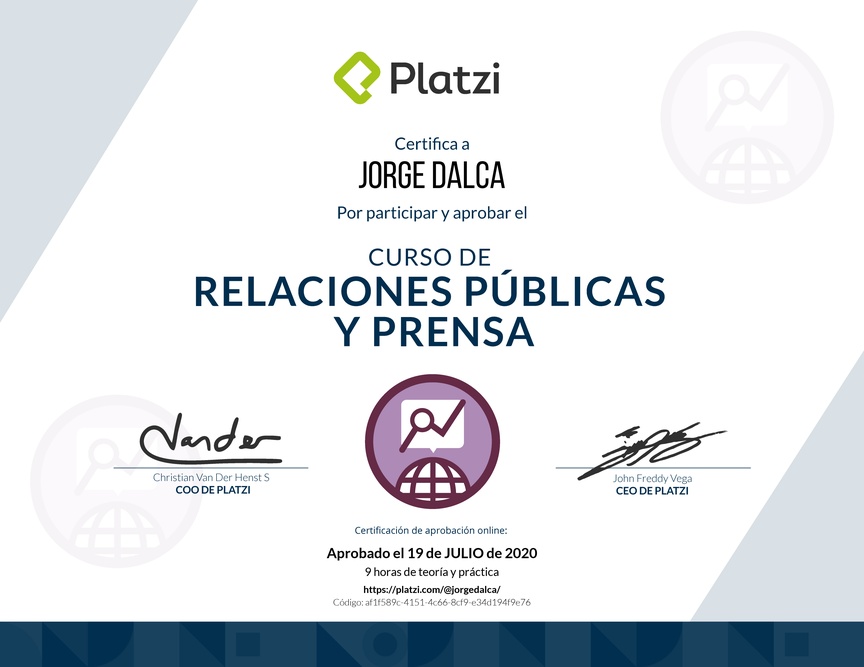 Diploma del Curso de Relaciones Públicas y Prensa 2016